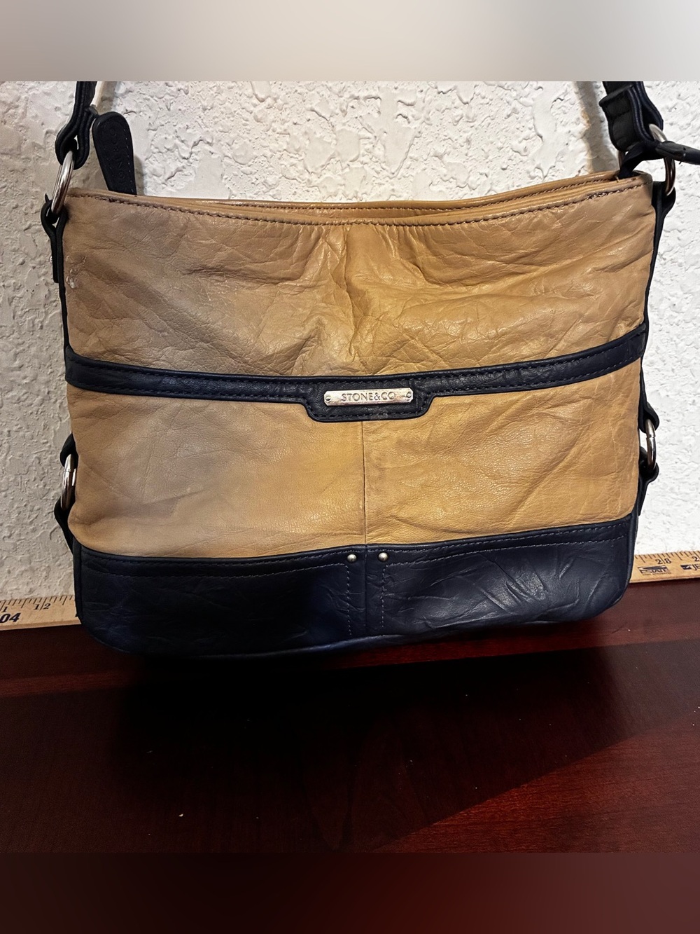 Stone & Co Leather Shoulder Bag with Navy Trim and Tan Panels